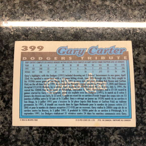 Gary Carter O Pee Chee 1992 Tribute Series #399 baseball card!! - Picture 2 of 2